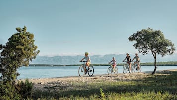 Un grupo de personas pedaleando por un sendero junto al lago, con árboles y montañas al fondo.
