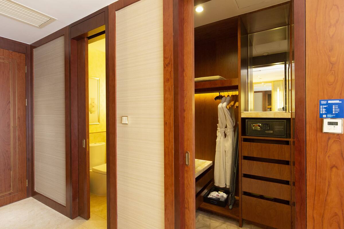 Une chambre d’hôtel avec une armoire en bois, une salle de bain avec des toilettes et un lavabo, et un espace douche.