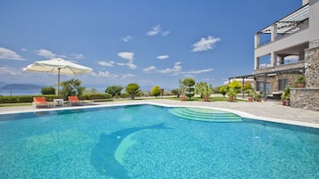Seasonal outdoor pool, pool umbrellas, pool loungers