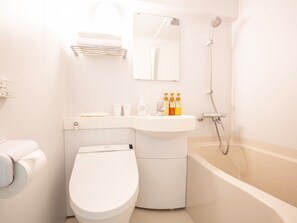 Combined shower/bathtub, hair dryer, slippers, bidet