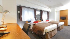 A hotel room with two beds, a desk, a chair, a TV, and a window with curtains. - Hotel MyStays Kamata (Tokyo)