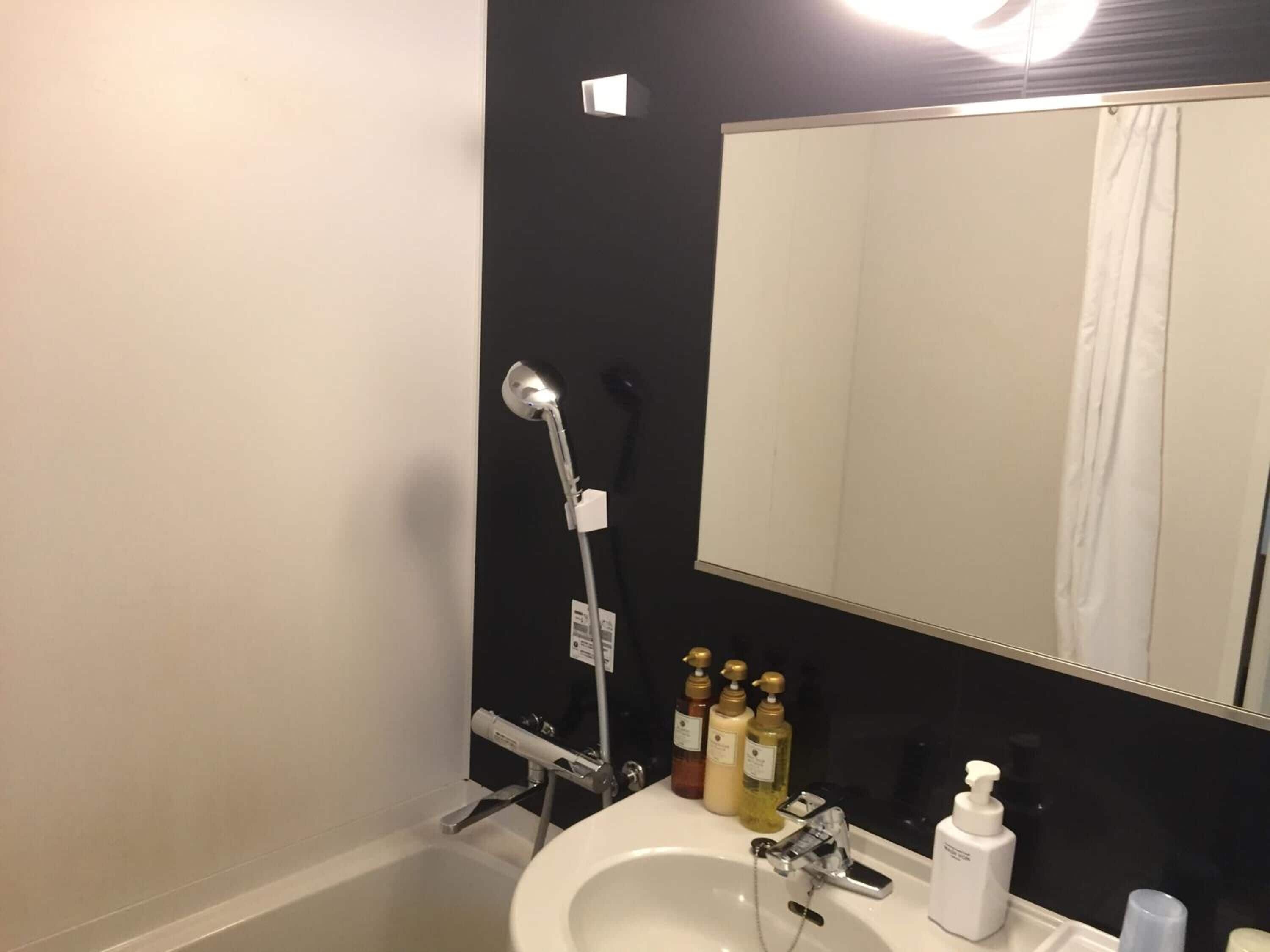 combined shower/bathtub, free toiletries, hair dryer, slippers