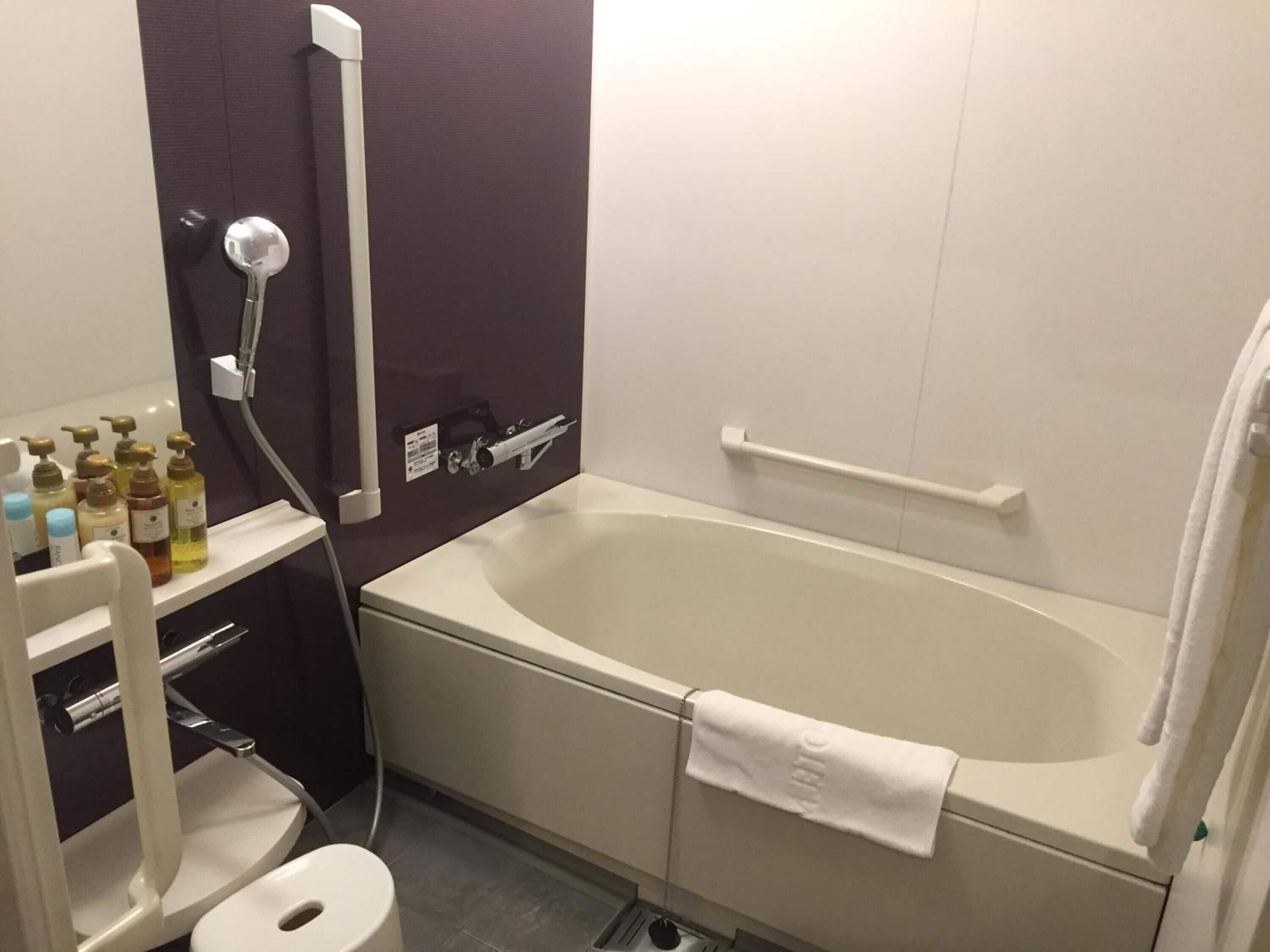 combined shower/bathtub, free toiletries, hair dryer, slippers