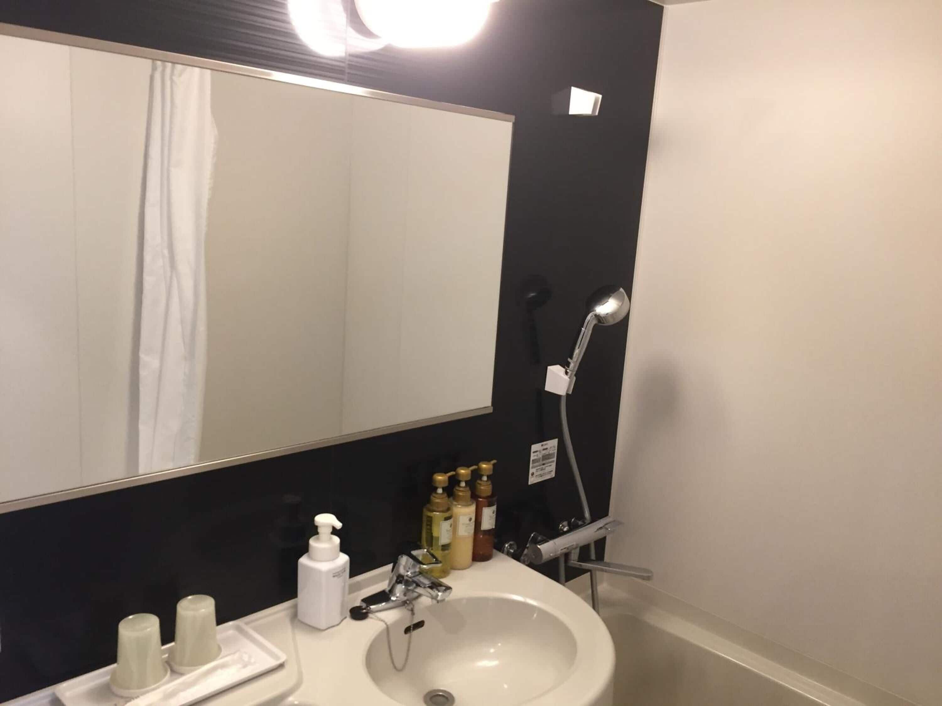 combined shower/bathtub, free toiletries, hair dryer, slippers