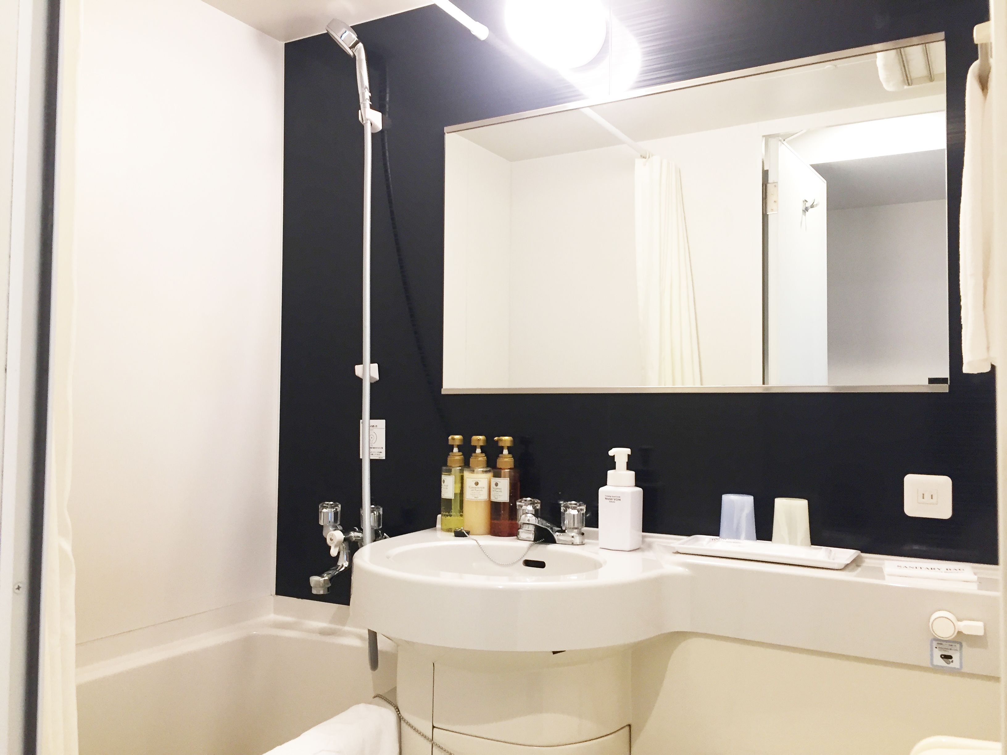 combined shower/bathtub, free toiletries, hair dryer, slippers