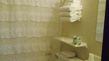 Combined shower/bathtub, free toiletries, hair dryer, towels