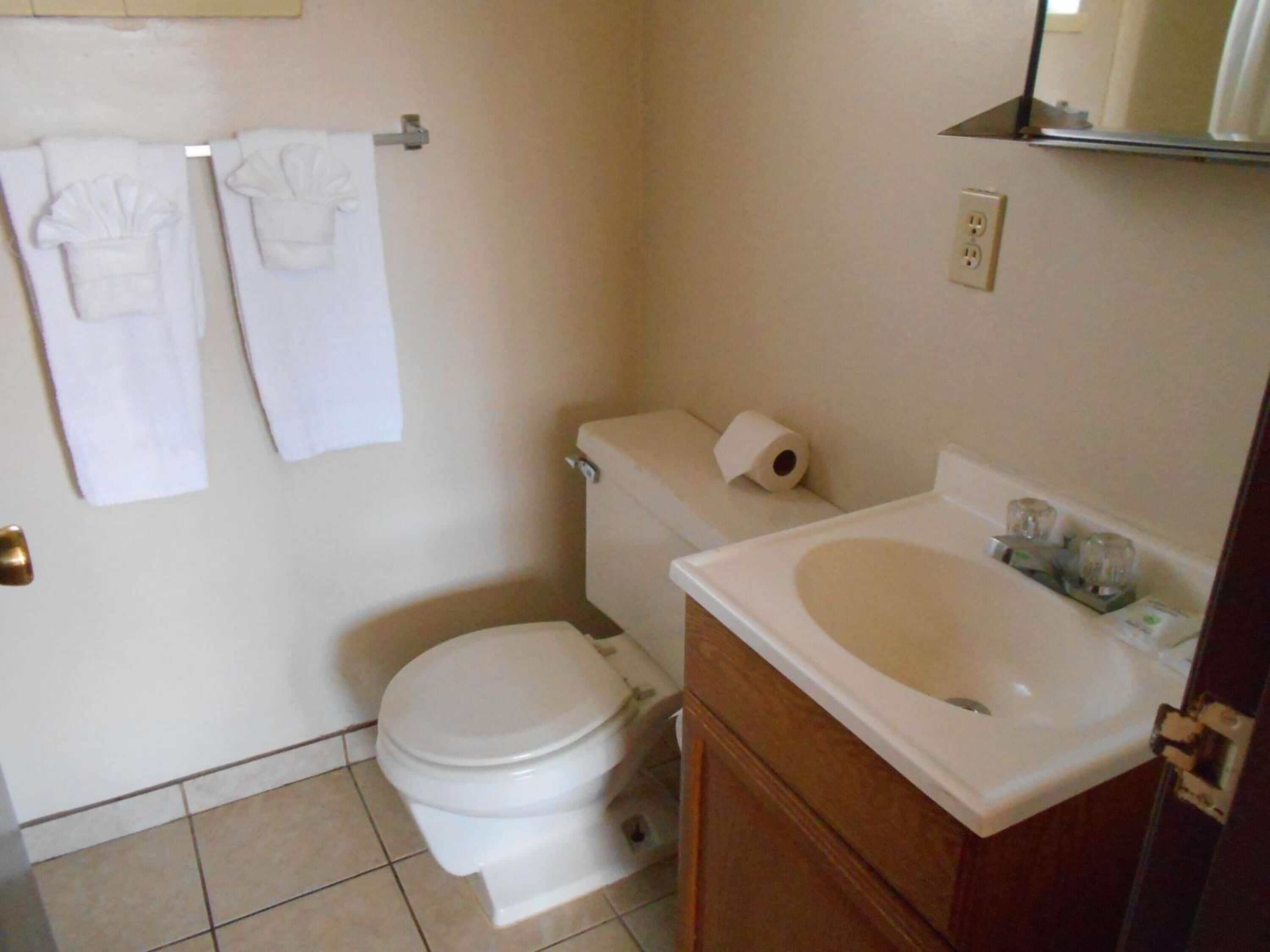 A small bathroom with a toilet, sink, and two towels hanging on the wall.