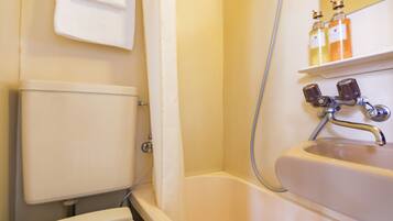 Shower, free toiletries, hair dryer, slippers