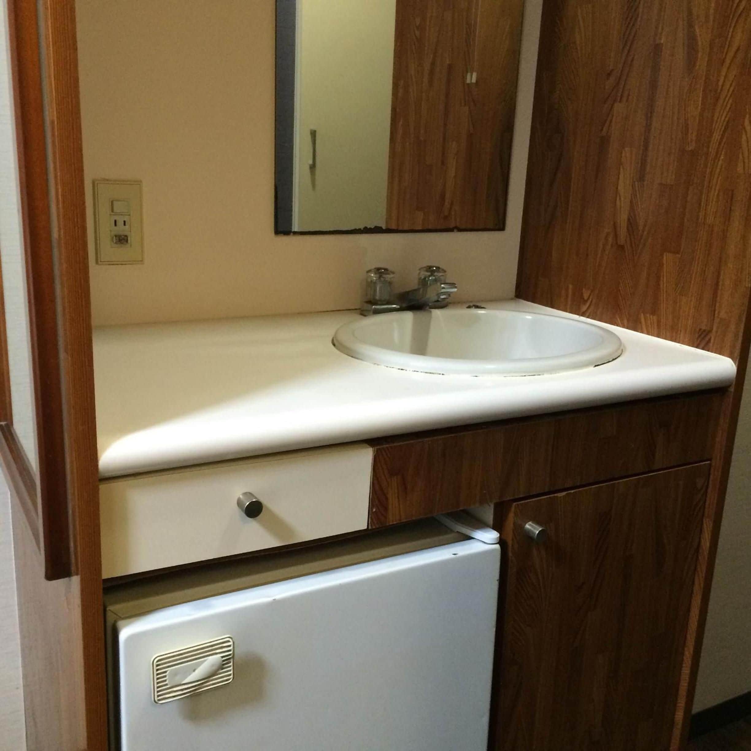 A bathroom with a white sink, a mirror above it, and wooden cabinets.