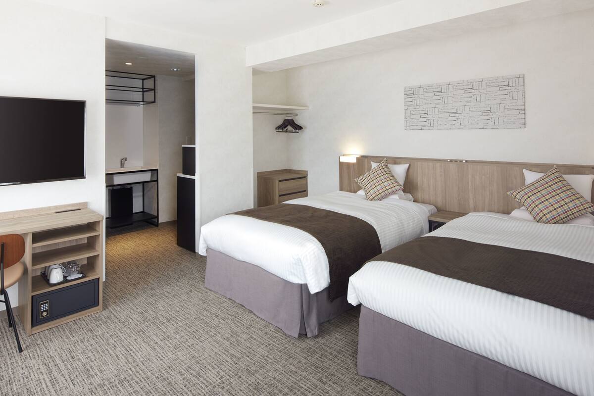 Habitación de hotel con dos camas, televisión, escritorio y armario.