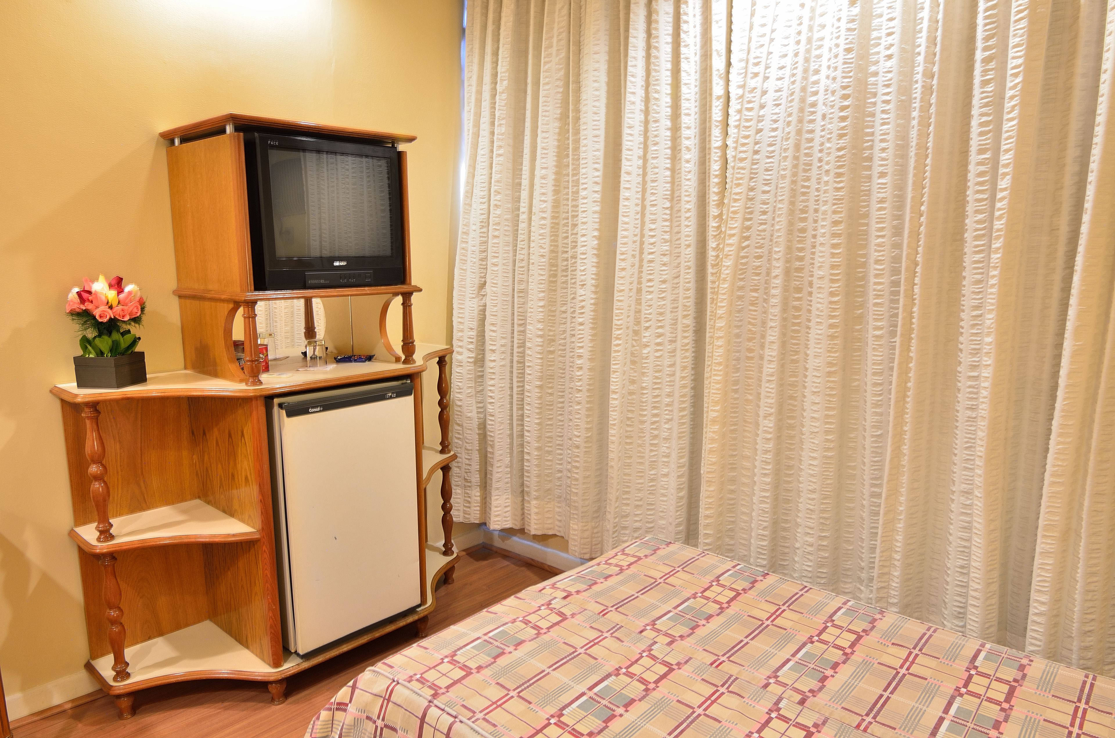 A compact room with a bed, a small wooden desk with a television, a refrigerator, and a potted plant.