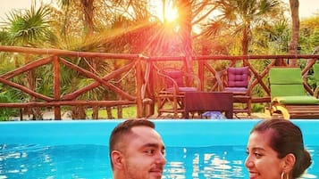 Outdoor pool, pool umbrellas, pool loungers