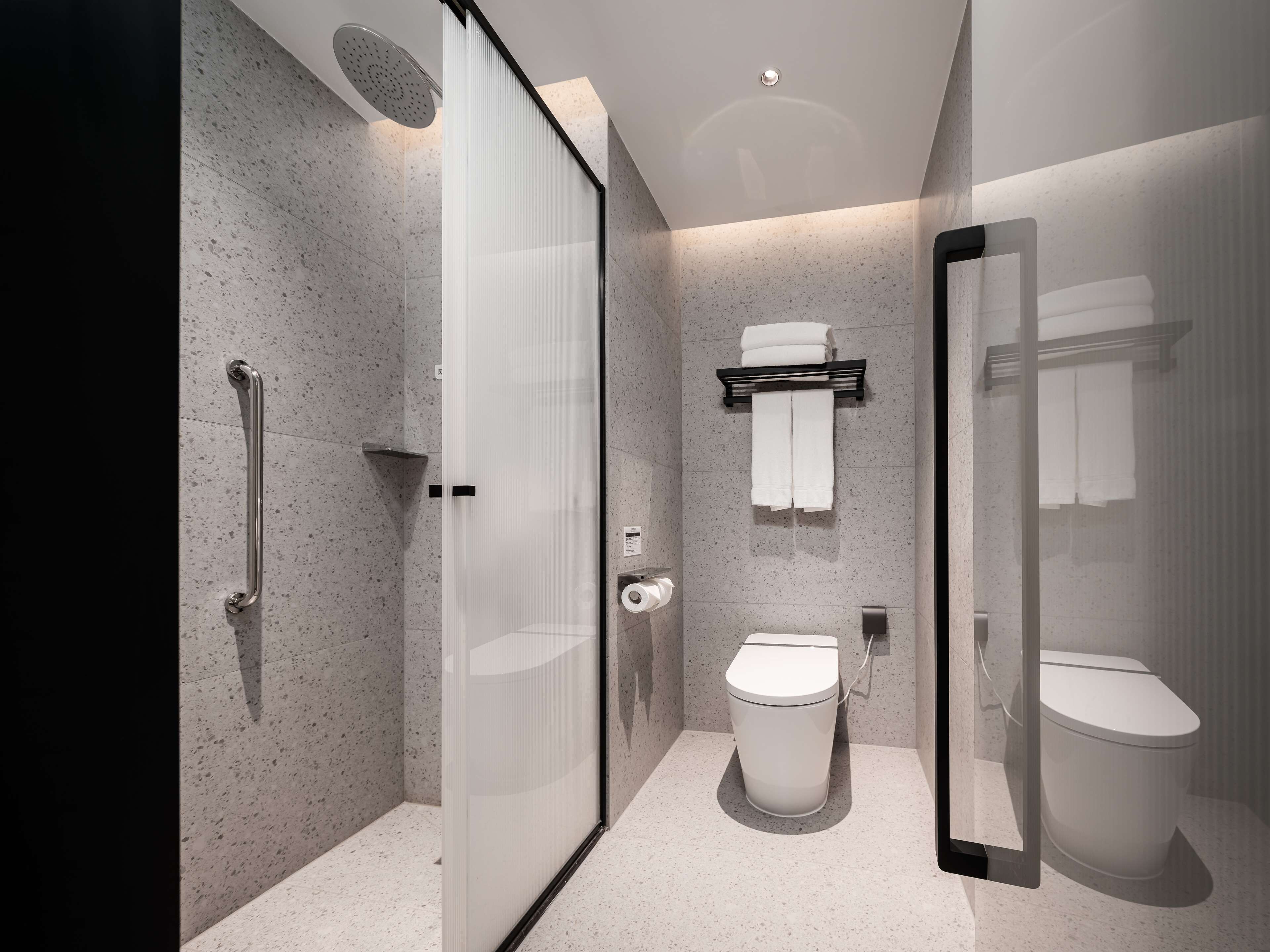 A modern bathroom with a glass shower enclosure, a toilet, and a towel rack.