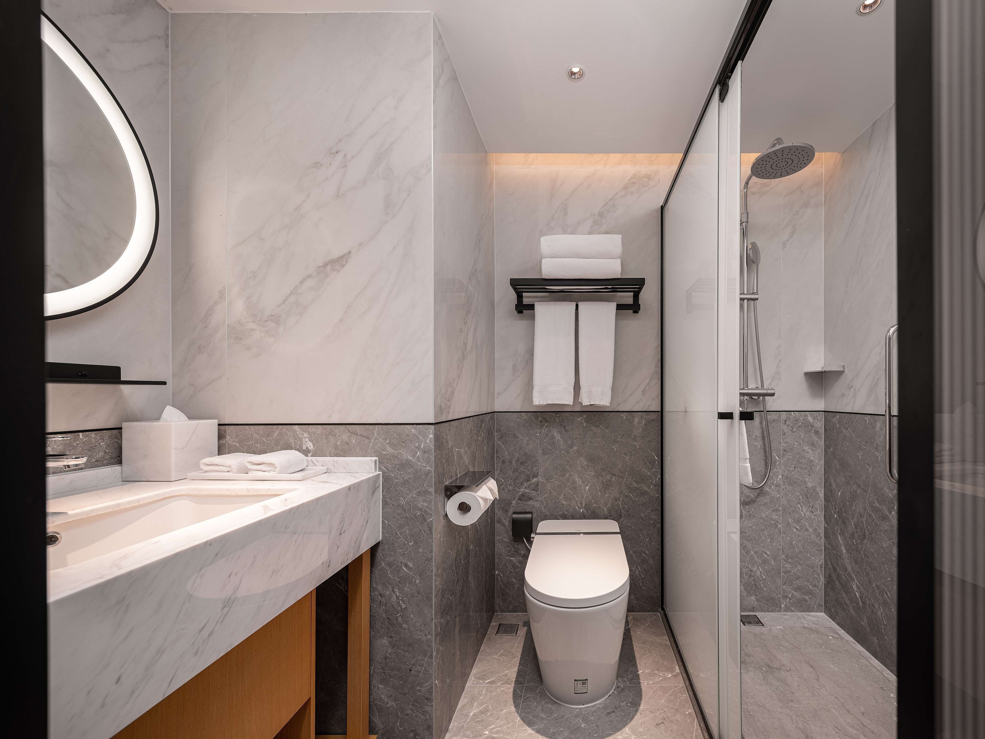 A modern bathroom with a marble vanity, a toilet, a shower, and a towel rack.