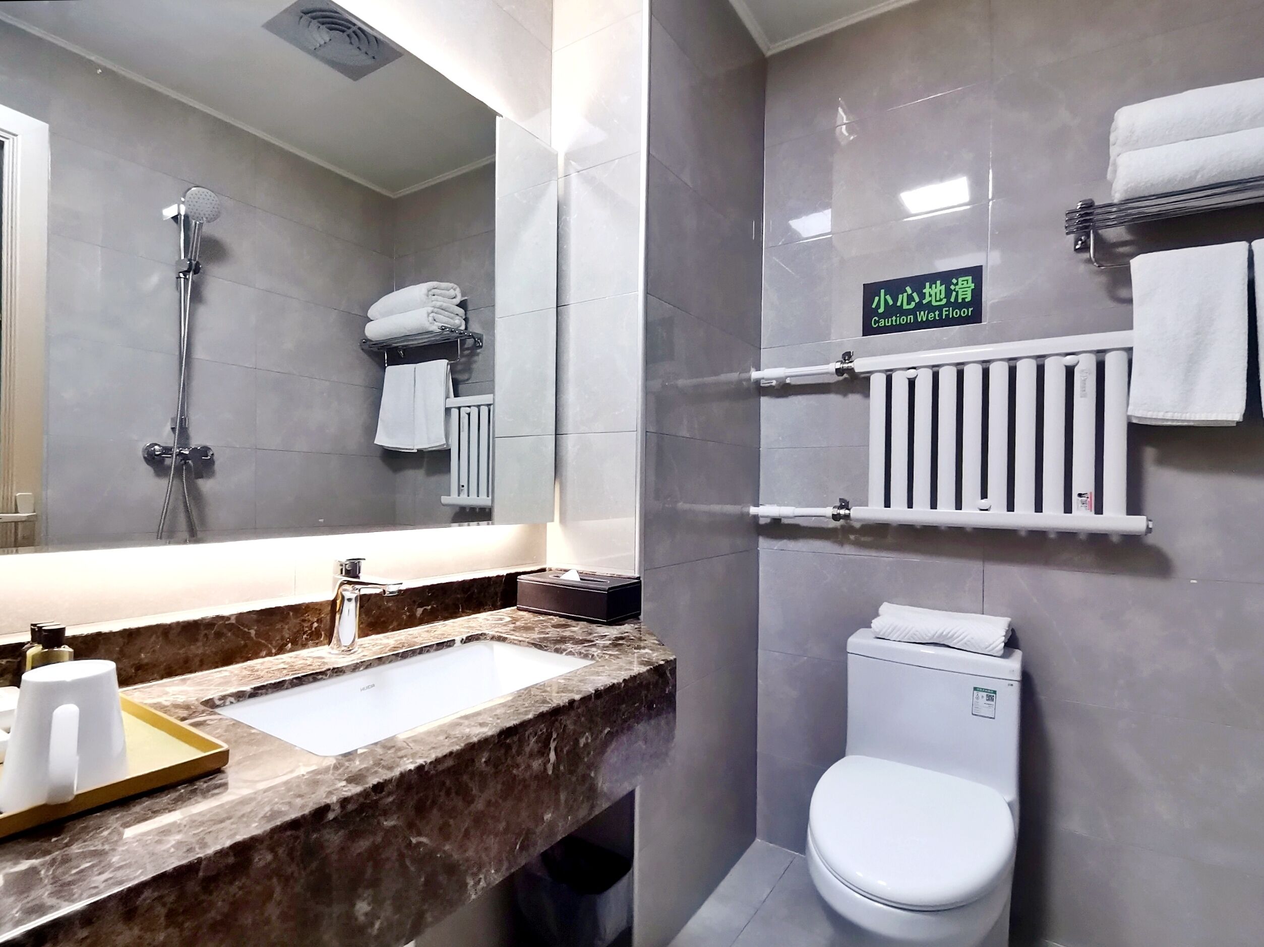 Een badkamer met een wastafel, spiegel, douche en toilet.