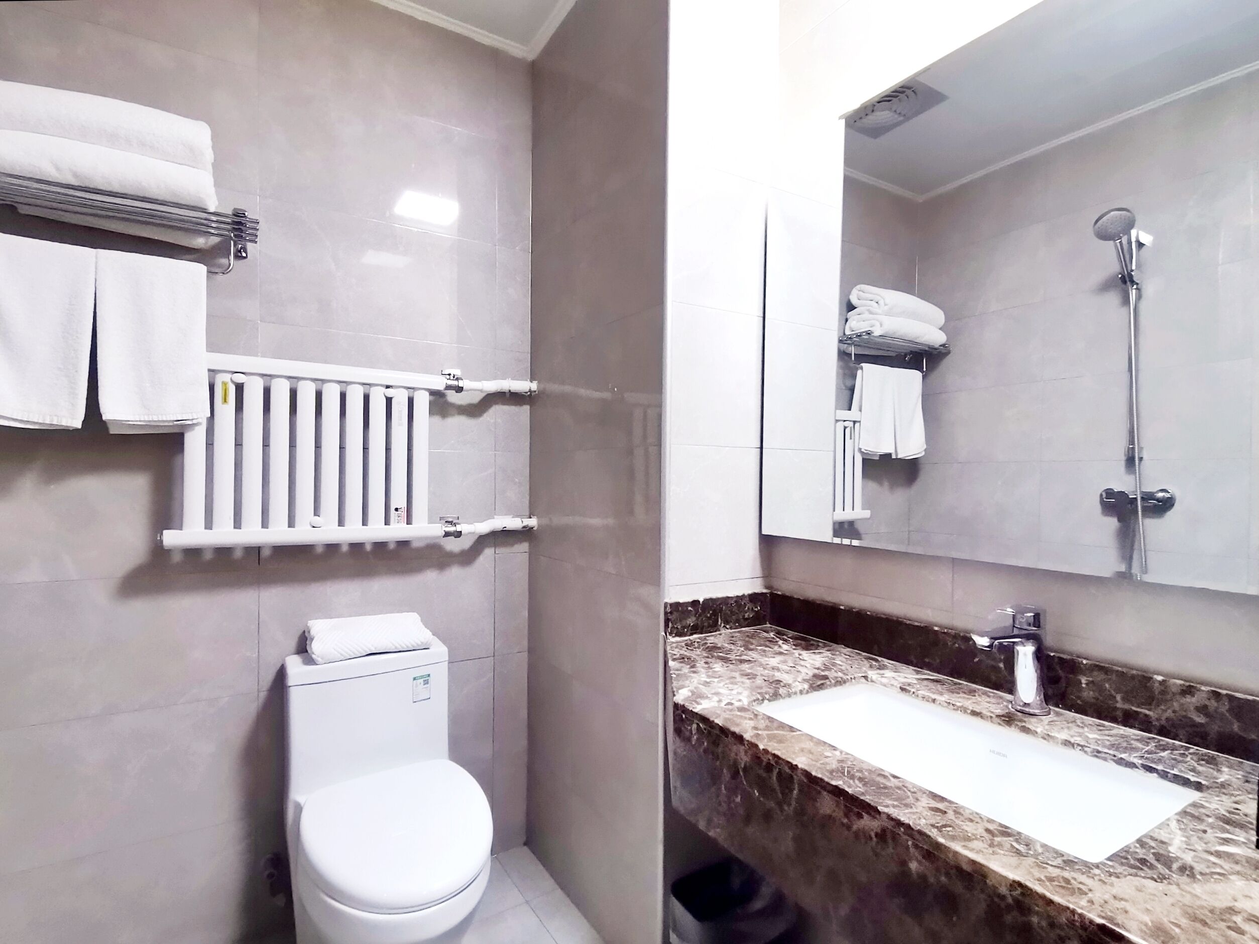 A modern bathroom with a toilet, a white radiator, a marble sink, and a shower.