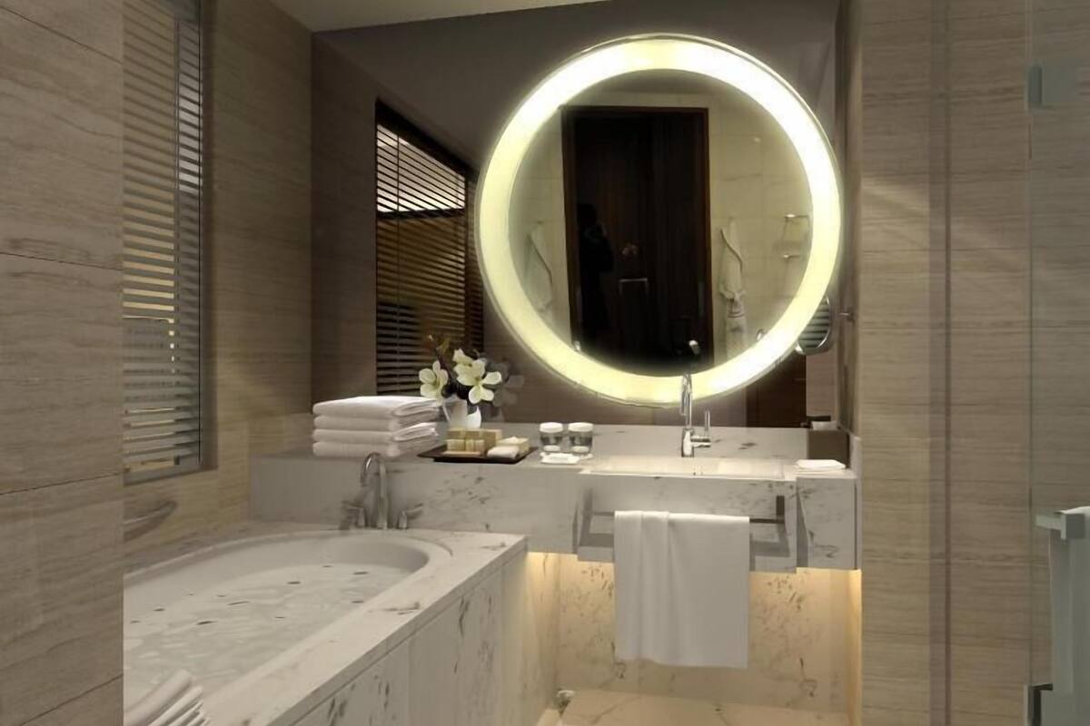 shower, slippers, towels