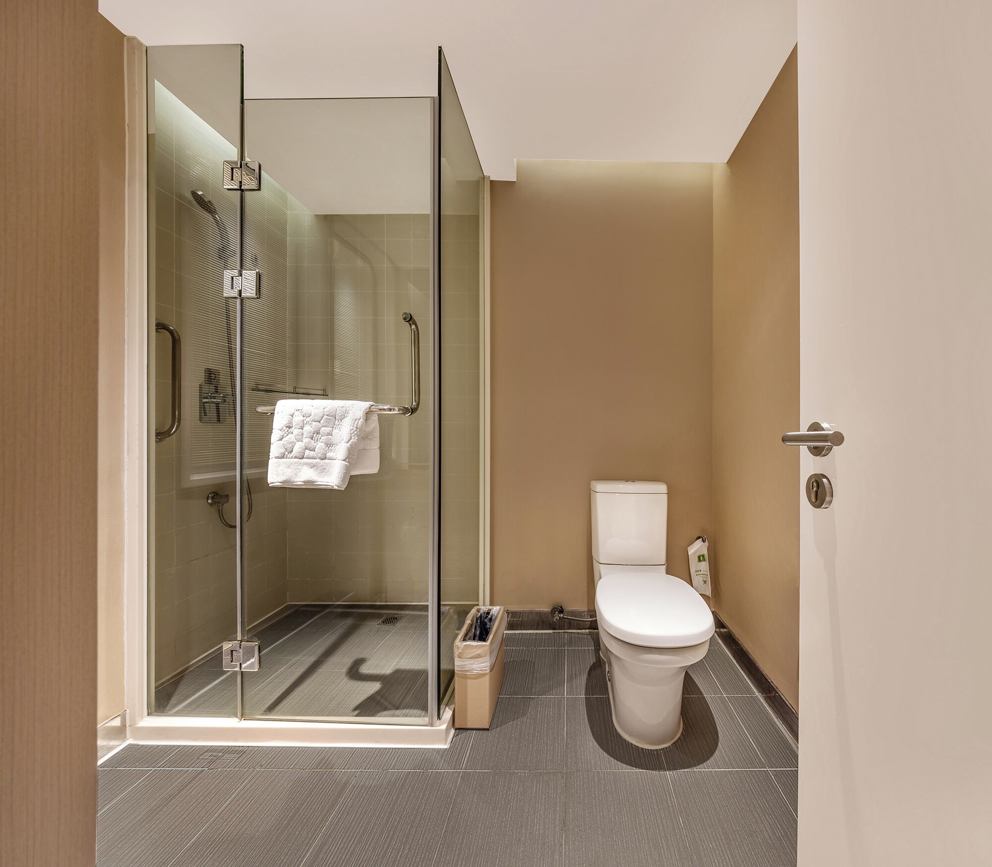A modern bathroom with a glass-enclosed shower, a toilet, and a towel rack.