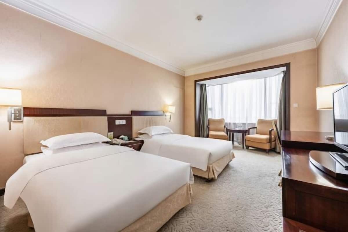 A hotel room with two beds, a desk, a TV, and a view of the outdoors.