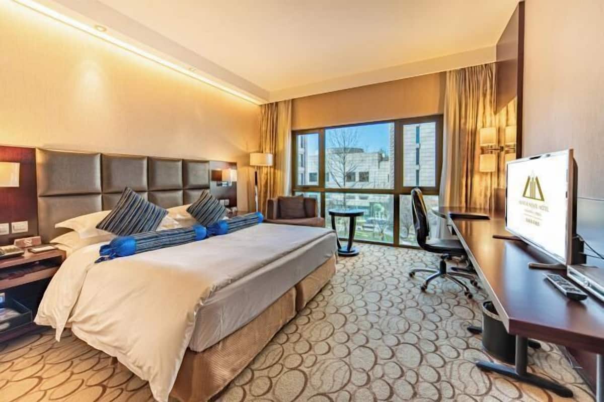Een hotelkamer met een groot bed, een bureau, een stoel, een televisie en een raam met uitzicht op de stad.