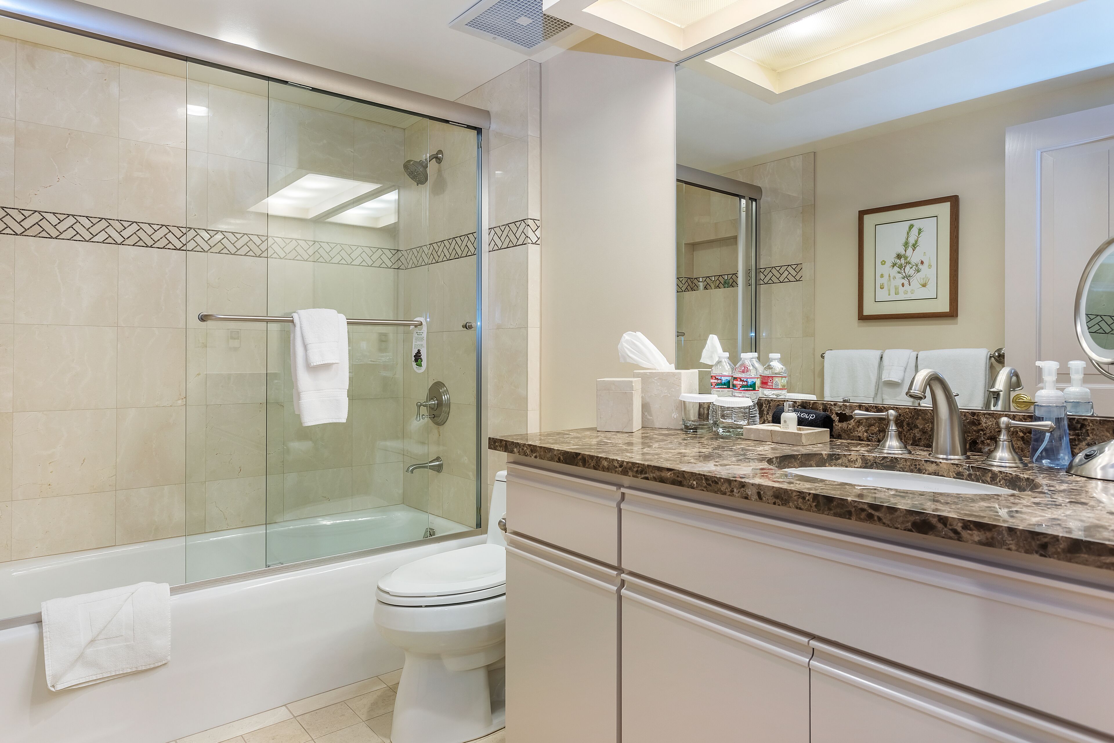 combined shower/bathtub, hair dryer, towels