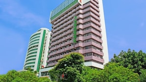 Un edificio de varios pisos con diseño moderno, que destaca por una llamativa banda vertical verde y un techo plano.