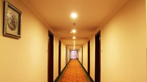 Un pasillo de hotel con piso alfombrado, puertas a ambos lados y un cuadro en la pared izquierda.