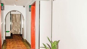Un couloir d'hôtel avec un sol recouvert de moquette, une arche et une plante en pot.