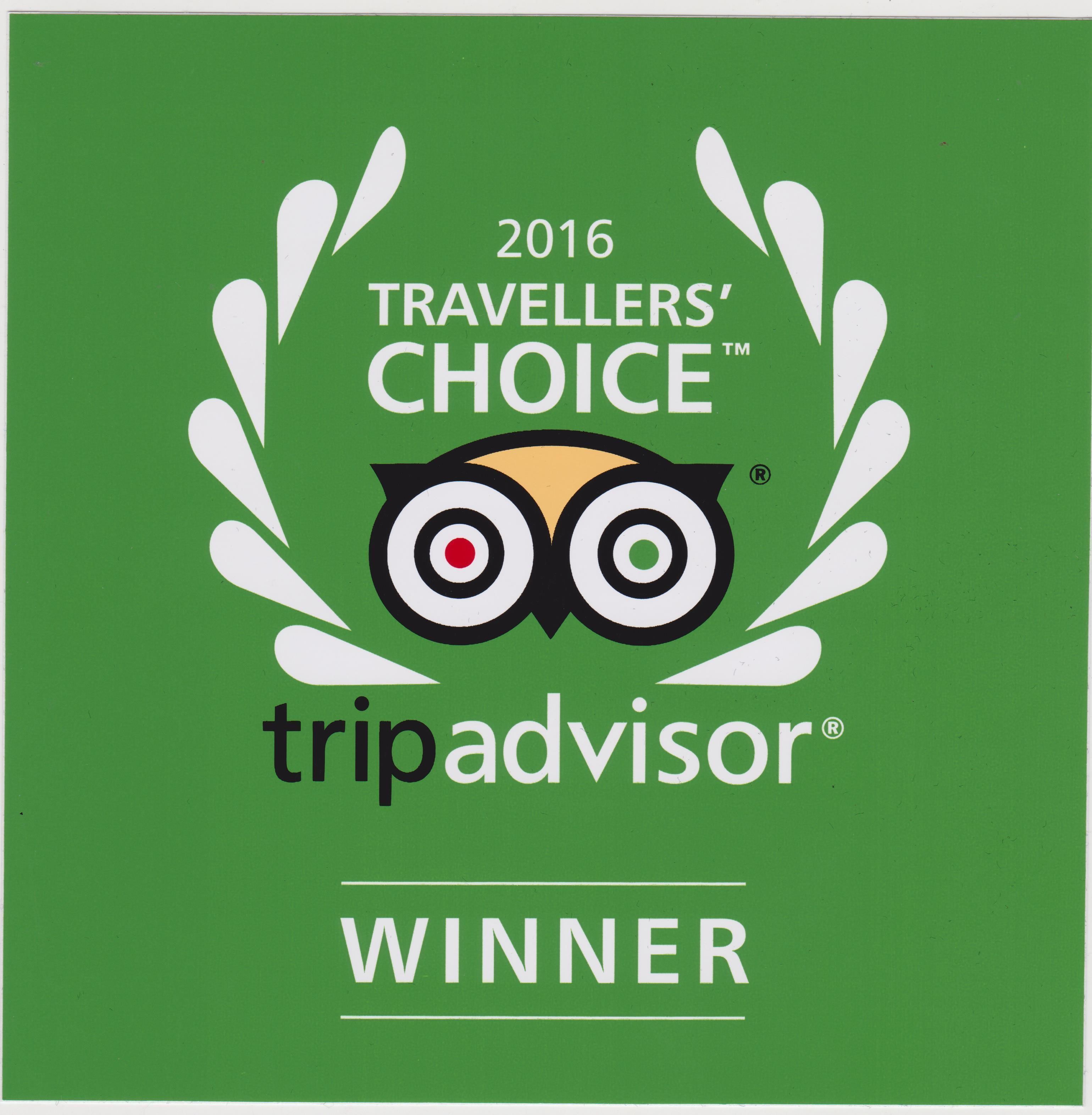 A logo with the text "2016 TRAVELLERS' CHOICE™ WINNER" and "tripadvisor®".
