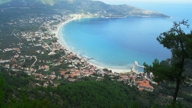 A coastal town with a beach, houses, and a forested hill. - Blue Sky Apartments (Thasos)