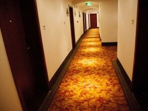En hotellkorridor med heltäckningsmatta på golvet och dörrar på båda sidor.