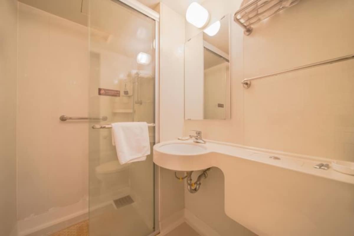 A bathroom with a glass shower enclosure, a white sink, and a mirror.