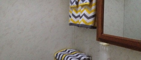 A bathroom with a toilet, a sink, and a mirror. There is a towel hanging on the wall and a bottle of hand soap on the sink.