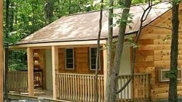A wooden cabin with a porch and a small window, surrounded by trees. - Lake Wanoka Resort (Honesdale)