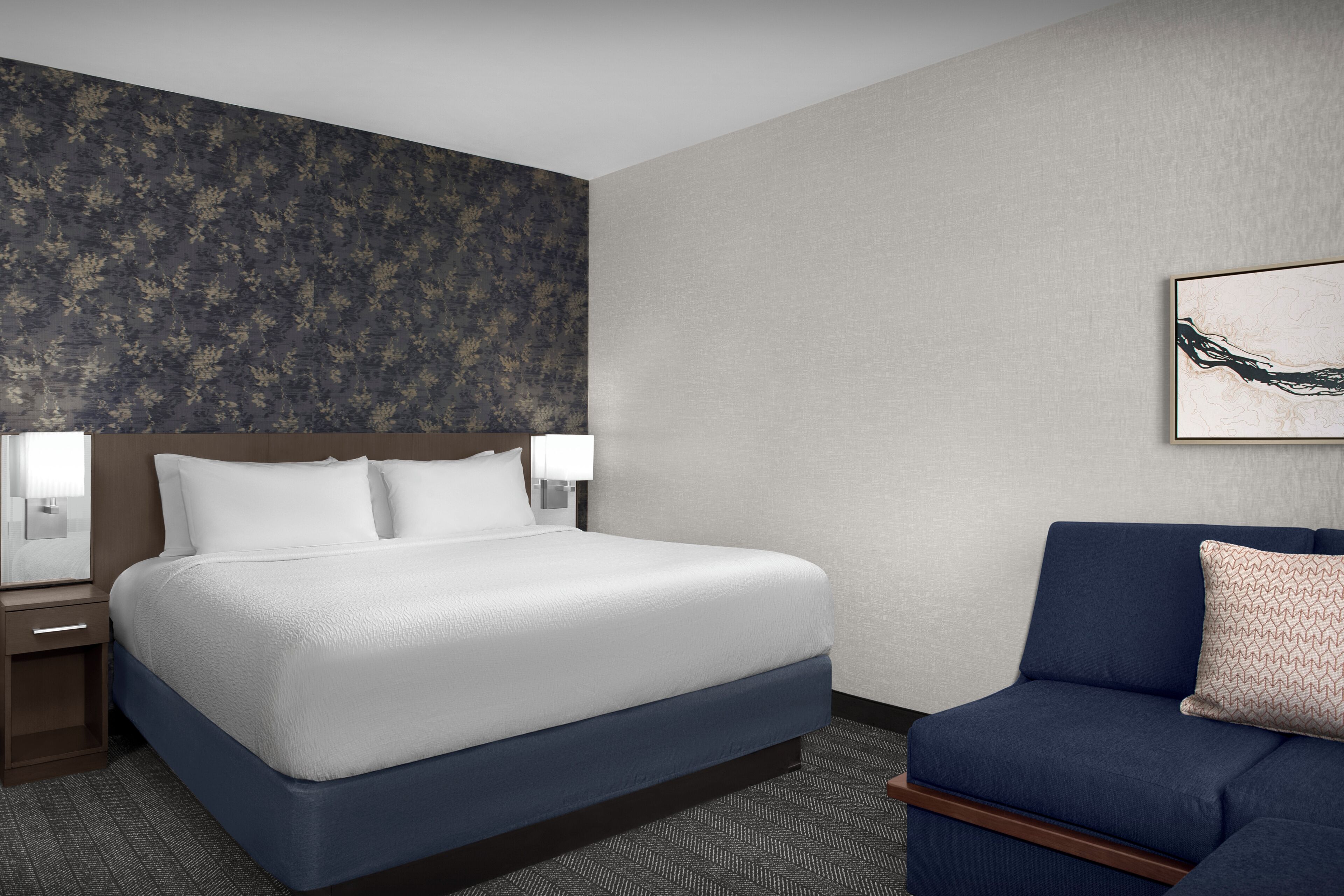 Premium bedding, pillowtop beds, desk, laptop workspace