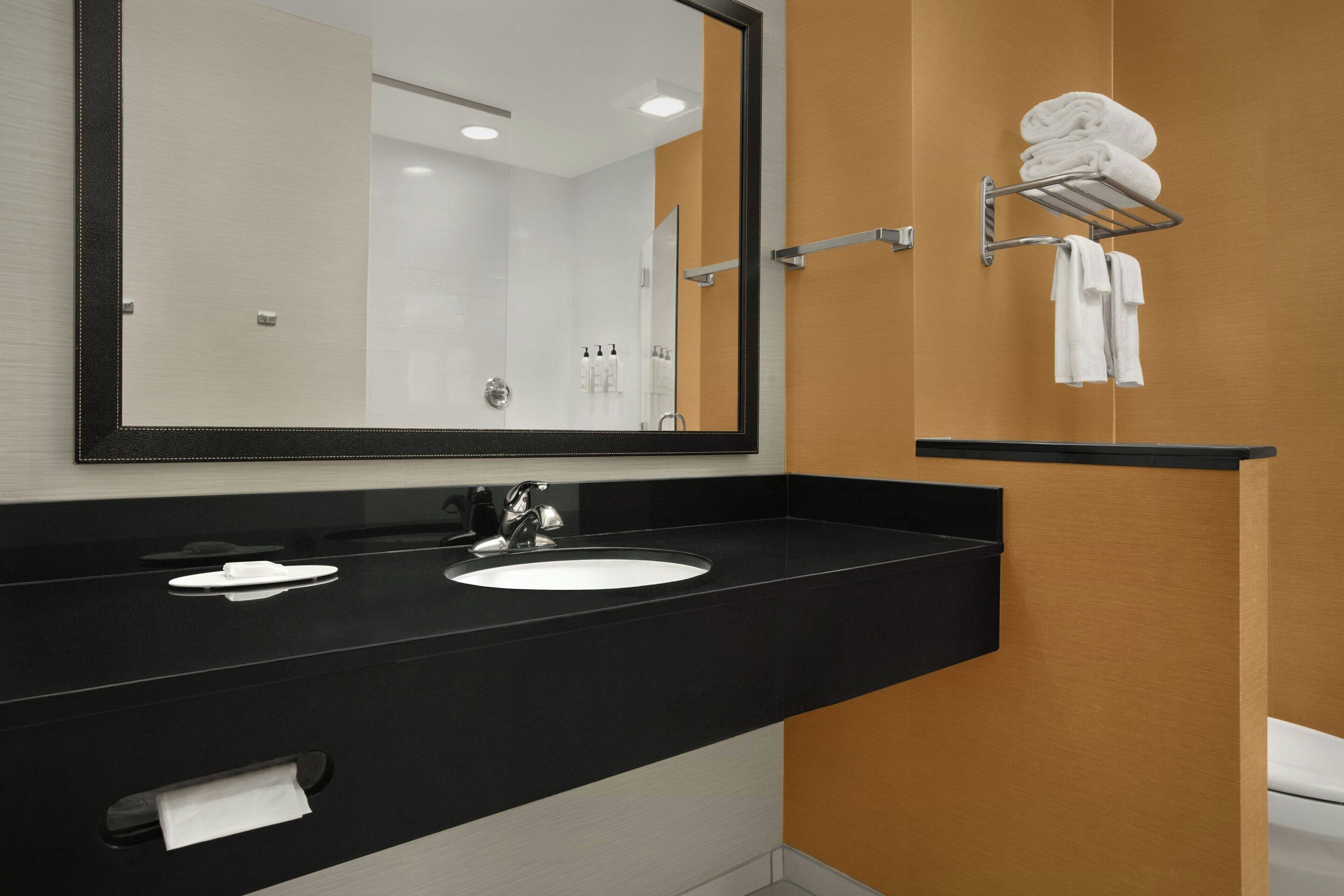 A modern bathroom with a black countertop, a white sink, and a mirror.