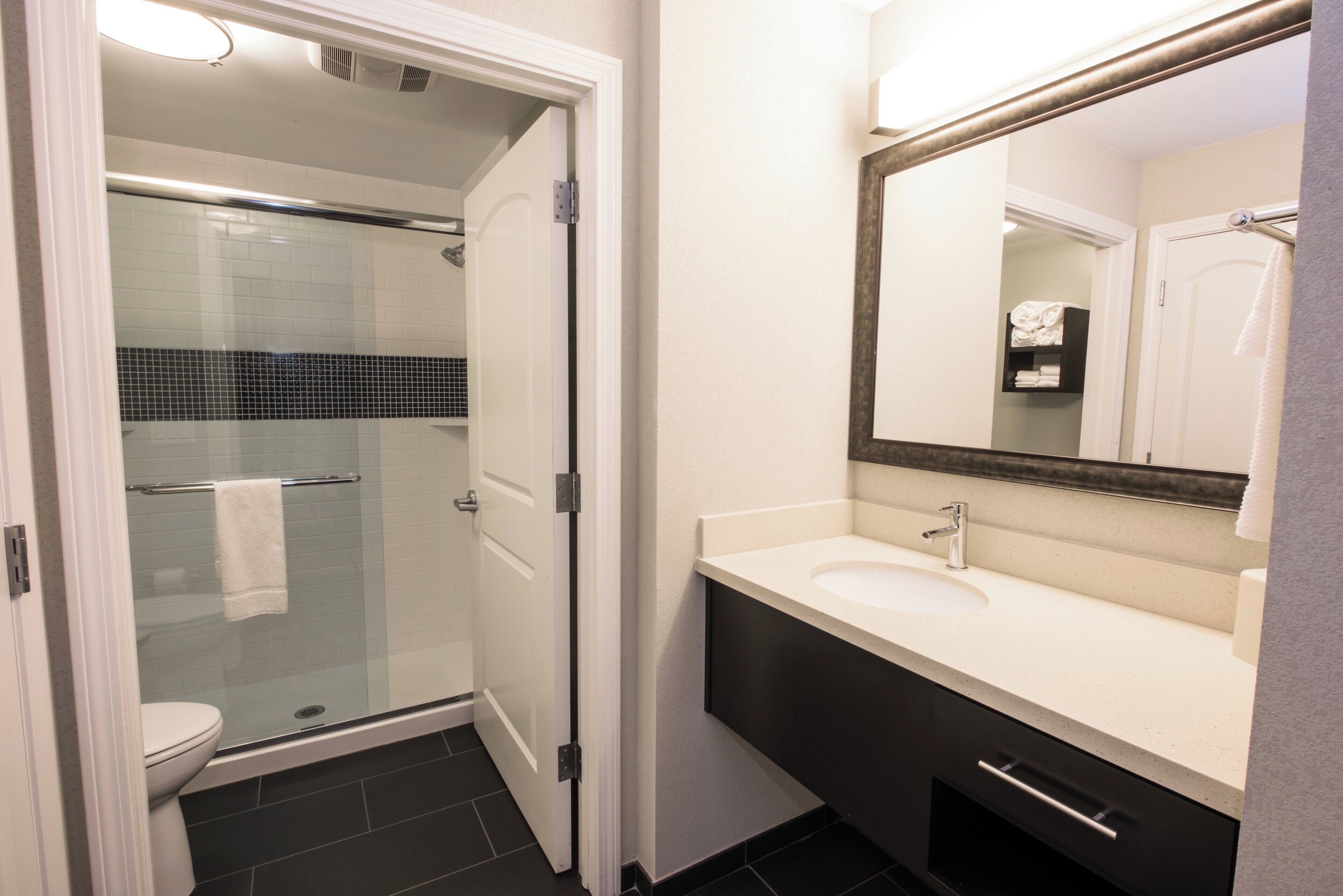 A modern bathroom with a glass shower enclosure, a white sink, and a large mirror.
