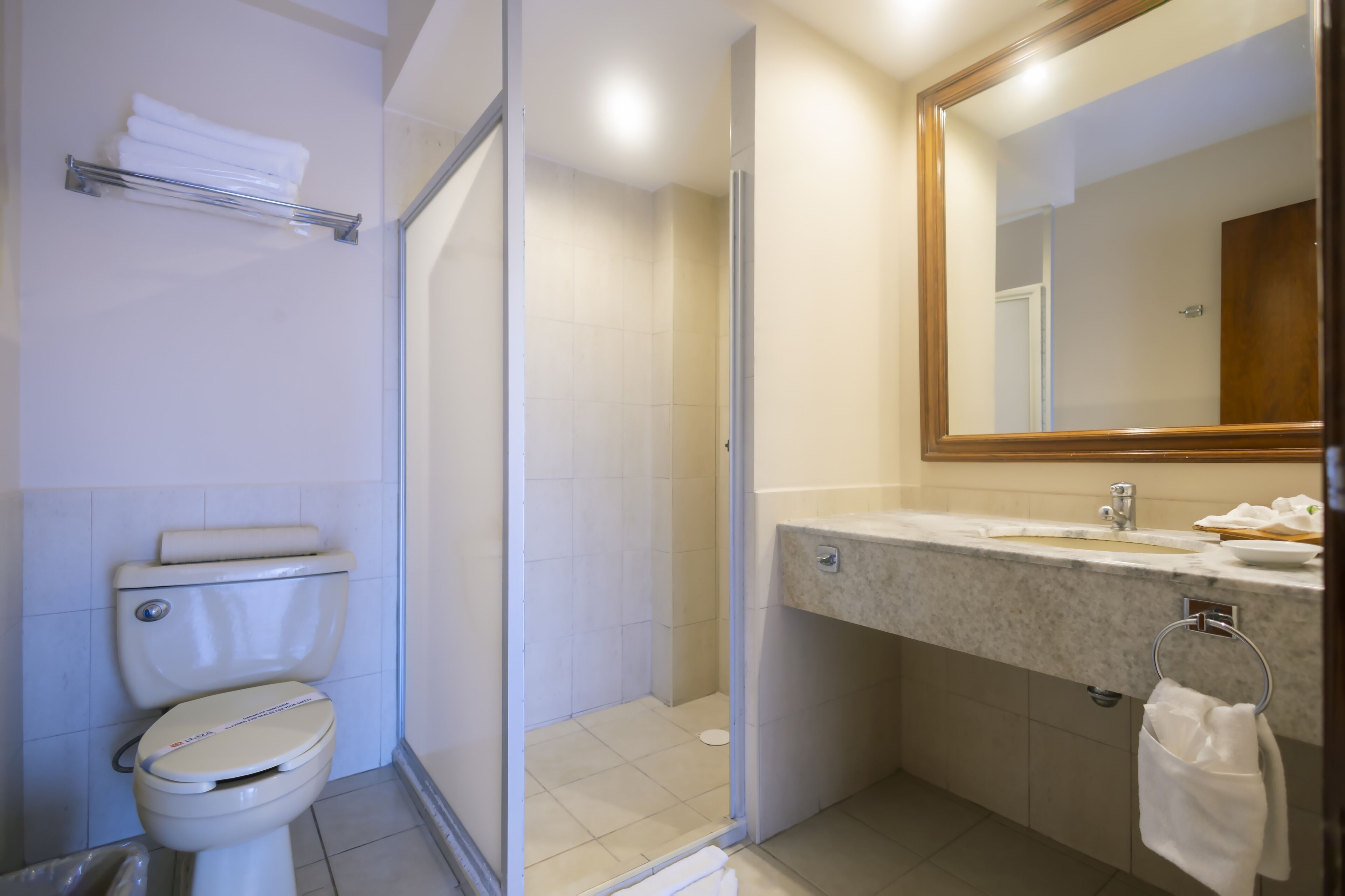 A modern bathroom with a toilet, shower, sink, and mirror.