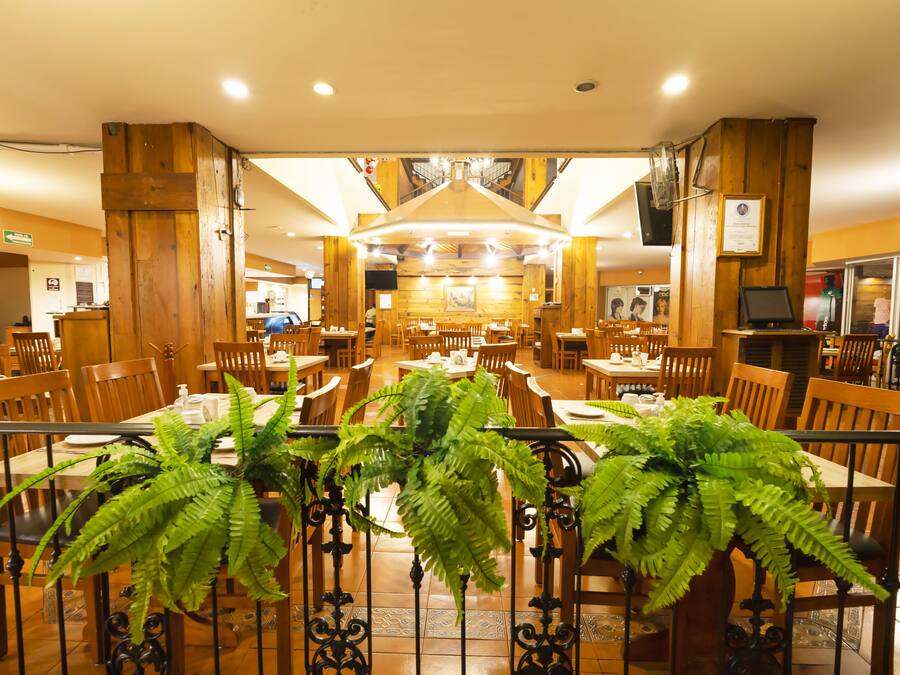 A restaurant with wooden walls and tables, some with ferns.