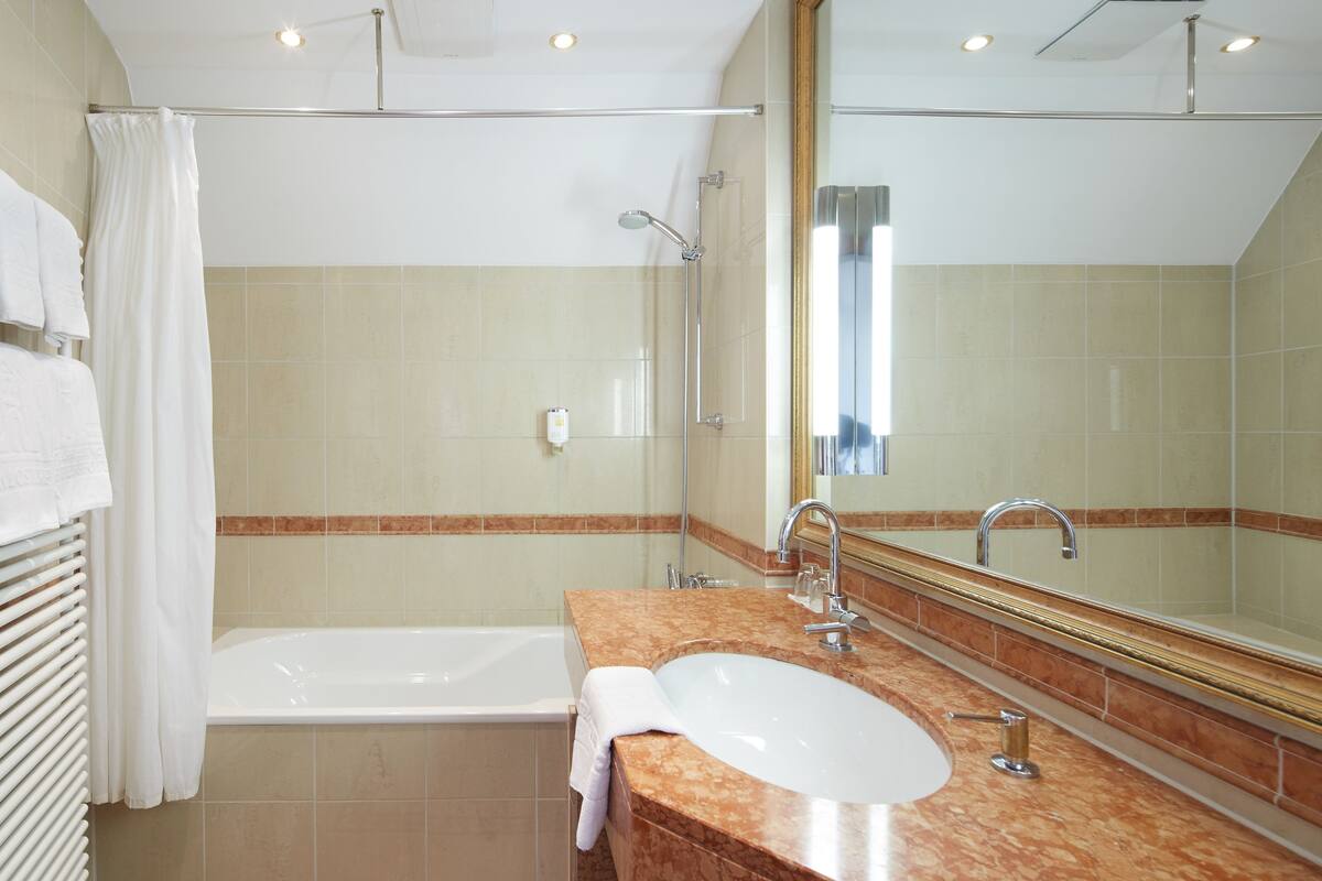 Une salle de bain moderne avec une baignoire, un lavabo et un grand miroir.