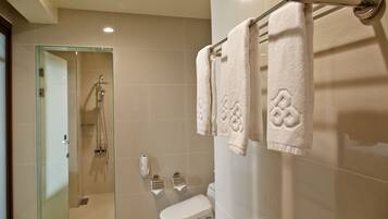 A modern bathroom with a glass shower enclosure, a toilet, and a towel rack with two towels.