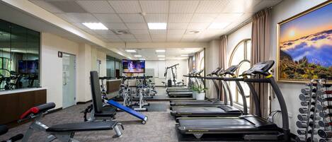 A gym with treadmills, weight machines, and a large mirror.