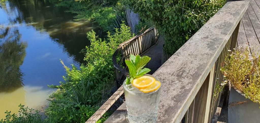 Un vaso de bebida con una hoja de menta y una rodaja de limón en una terraza de madera con vista a un cuerpo de agua.