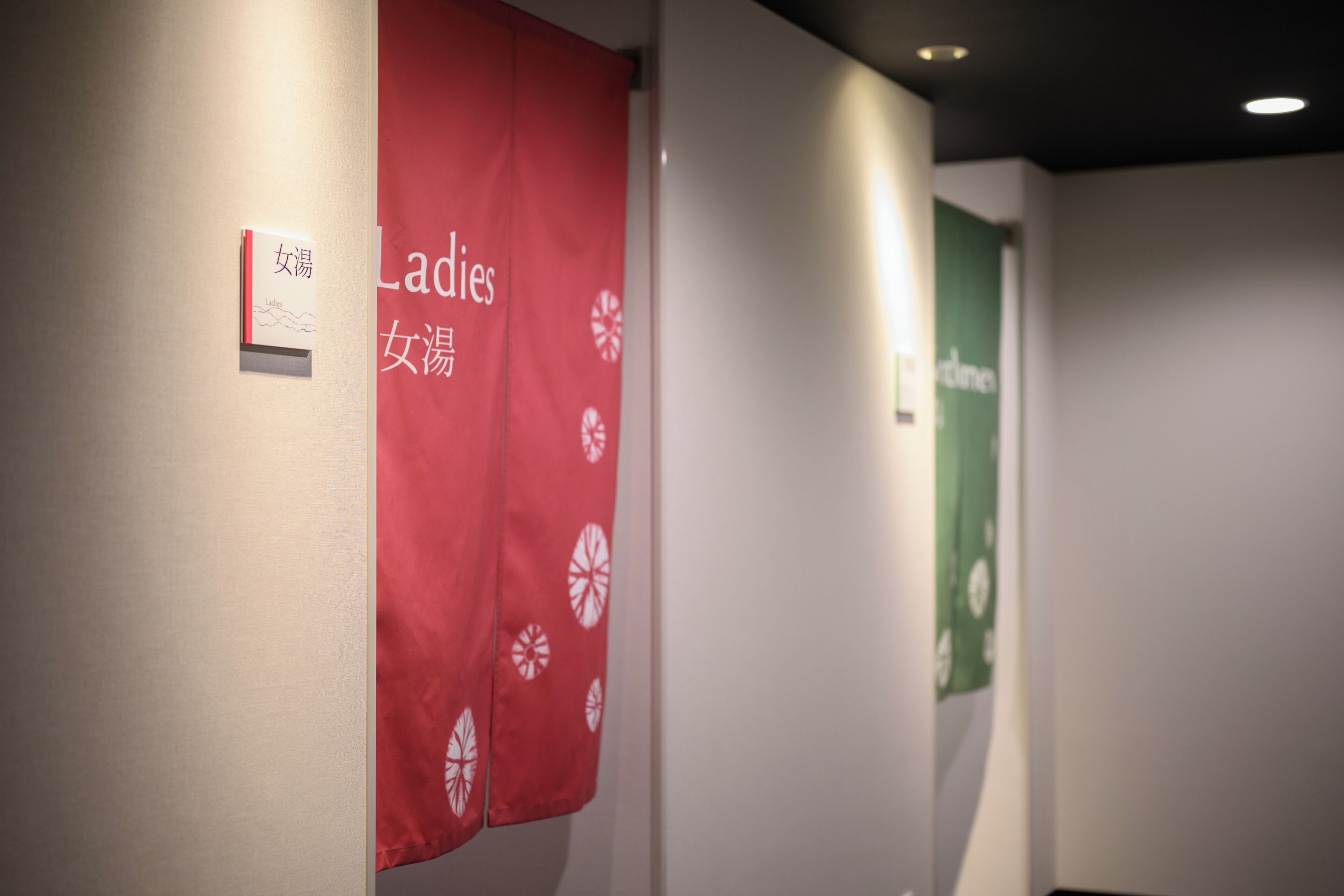 A hallway with a red banner and a green banner on the walls.