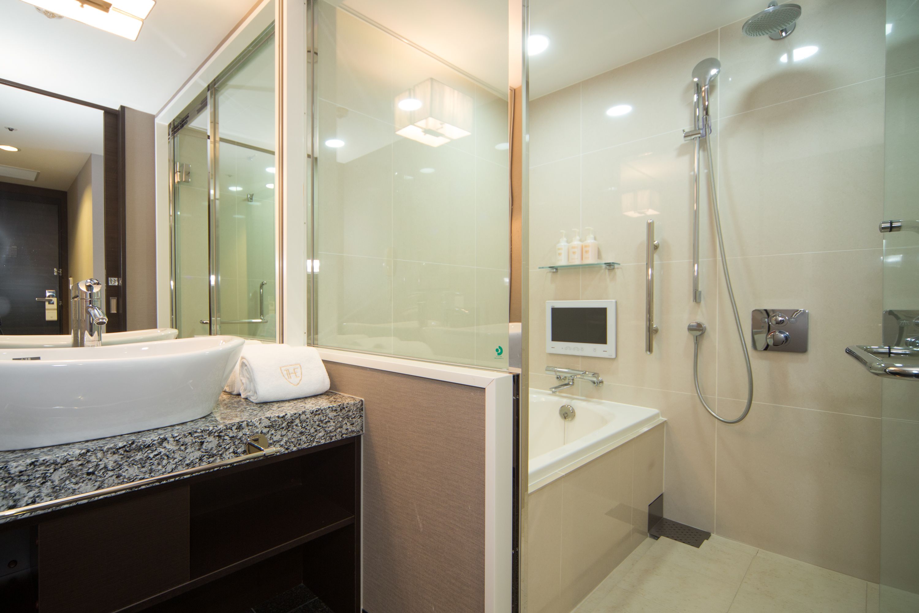 shower, hair dryer, slippers, electronic bidet