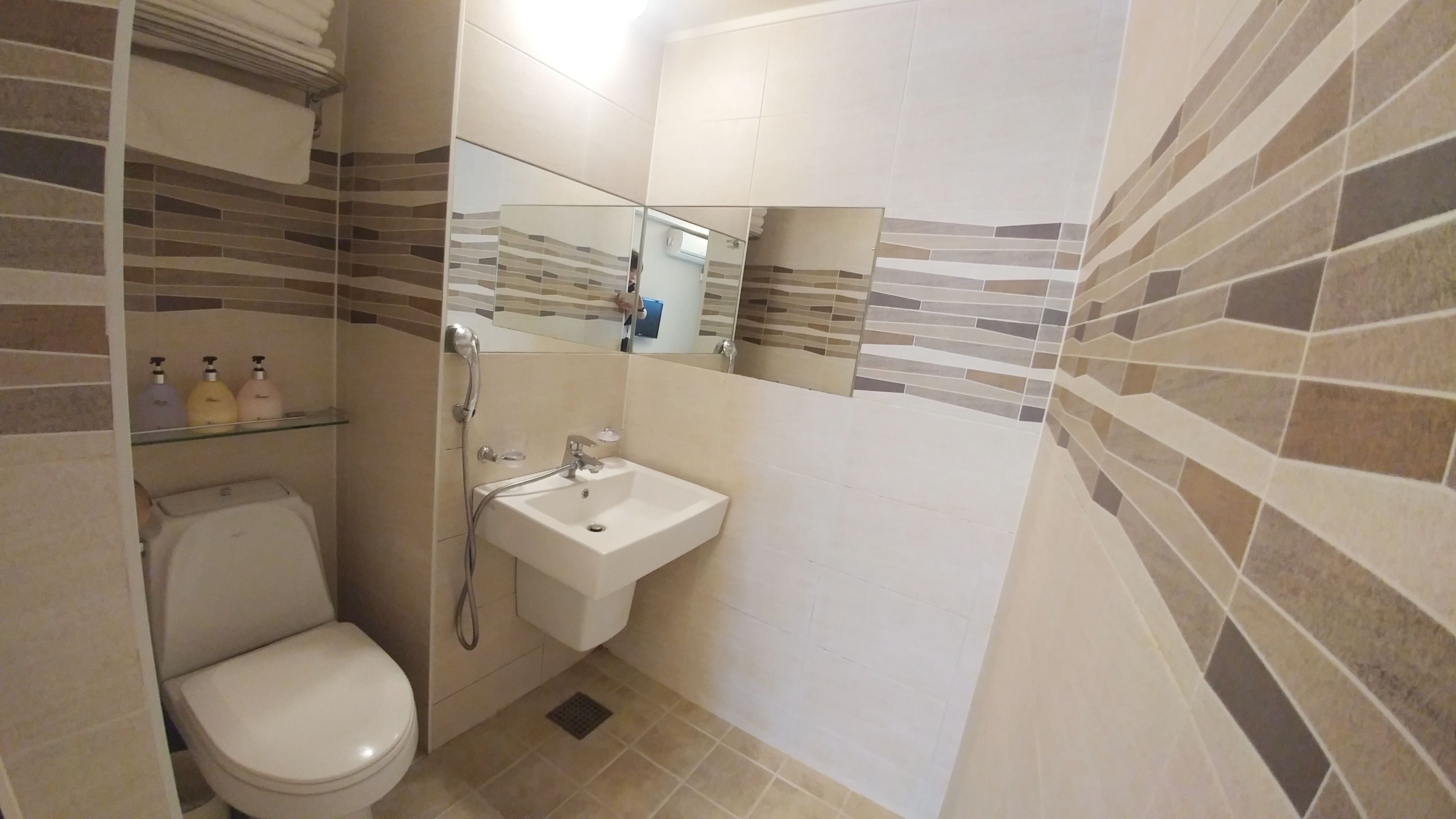 A compact bathroom with a toilet, a sink, and a shower.
