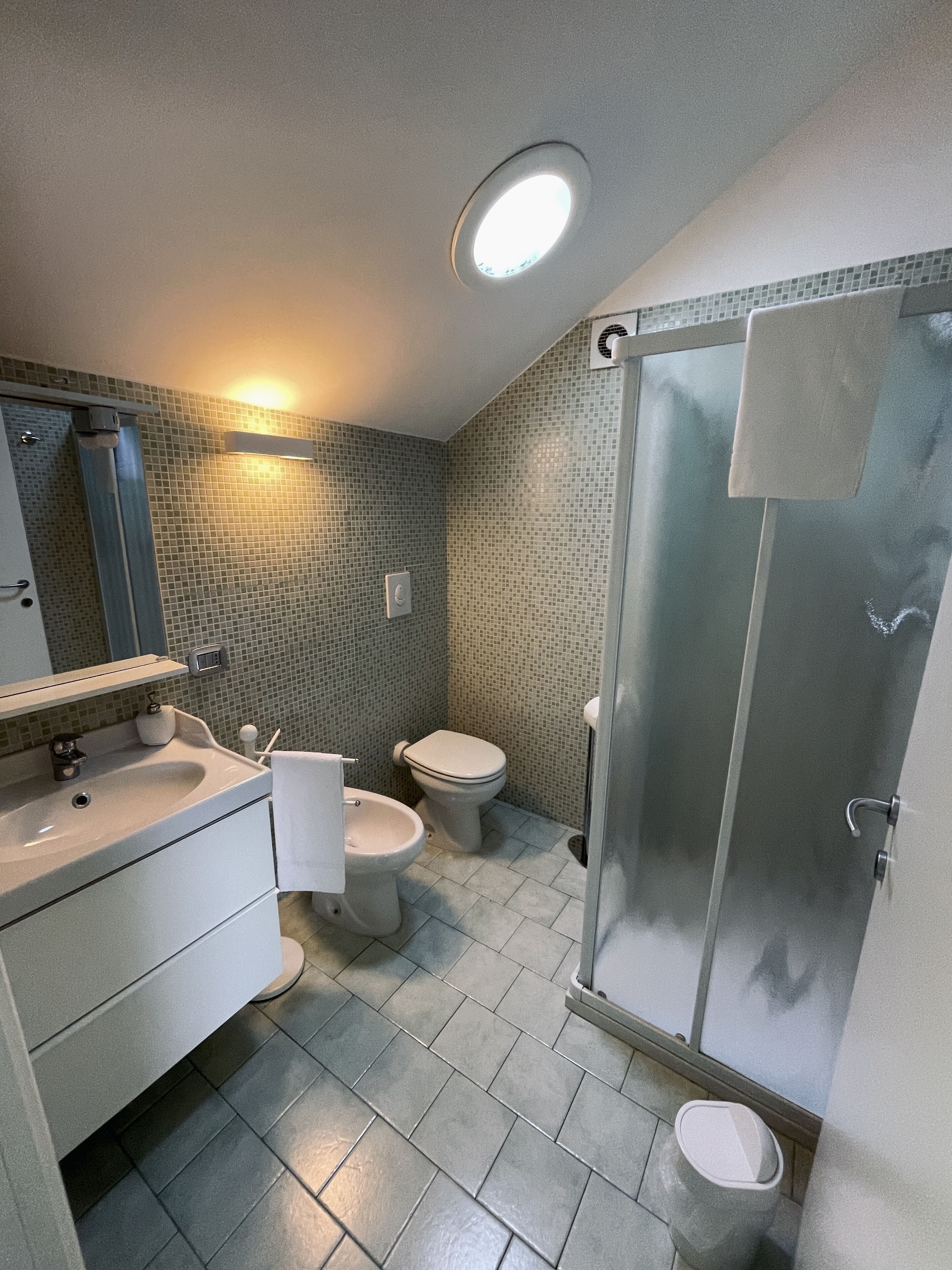 A bathroom with a sink, toilet, and shower.