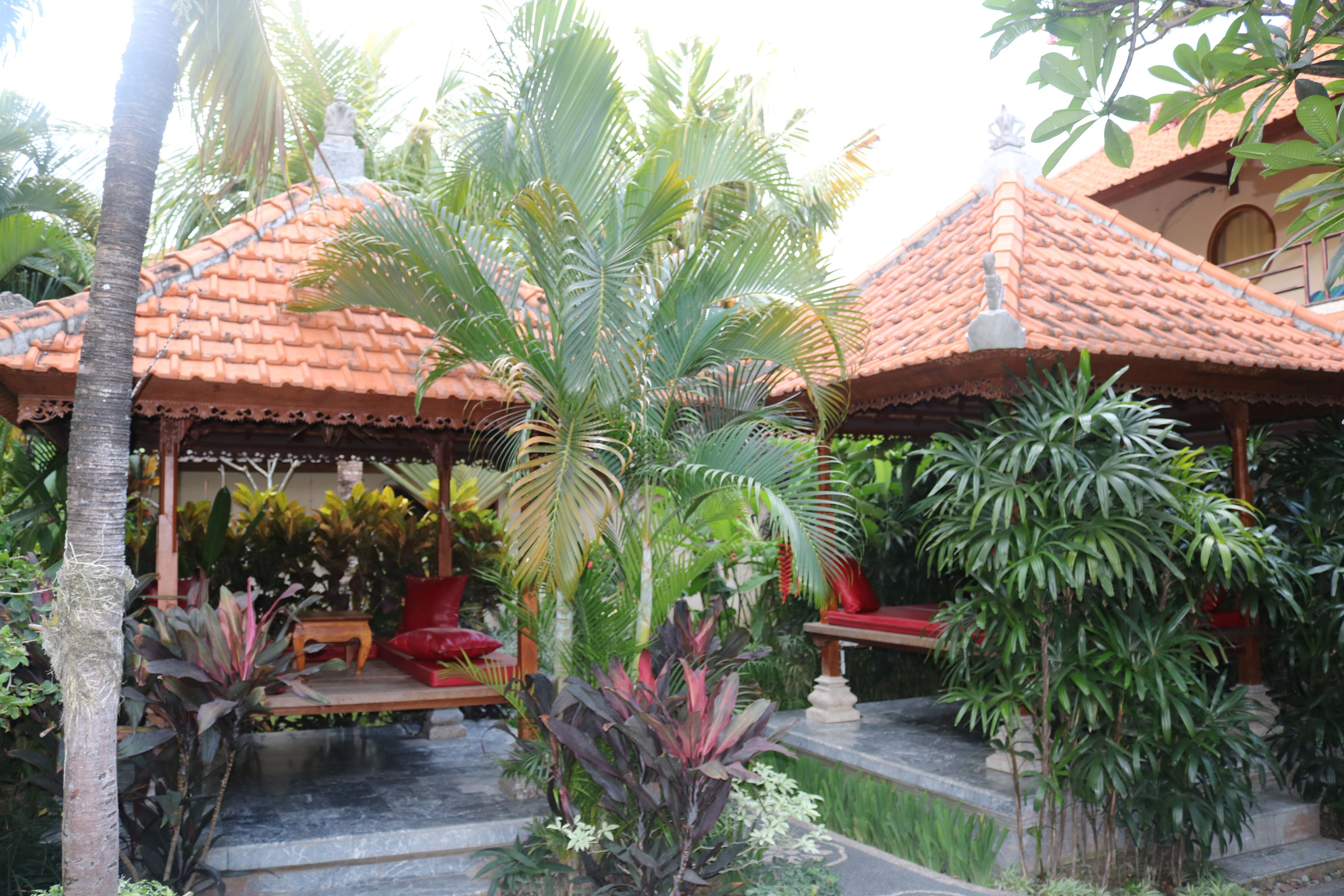 A traditional building with a tiled roof, surrounded by lush greenery and palm trees.