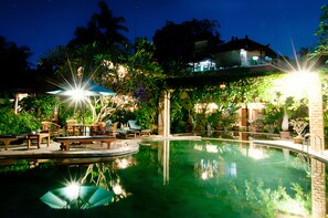 Outdoor pool, pool umbrellas, pool loungers