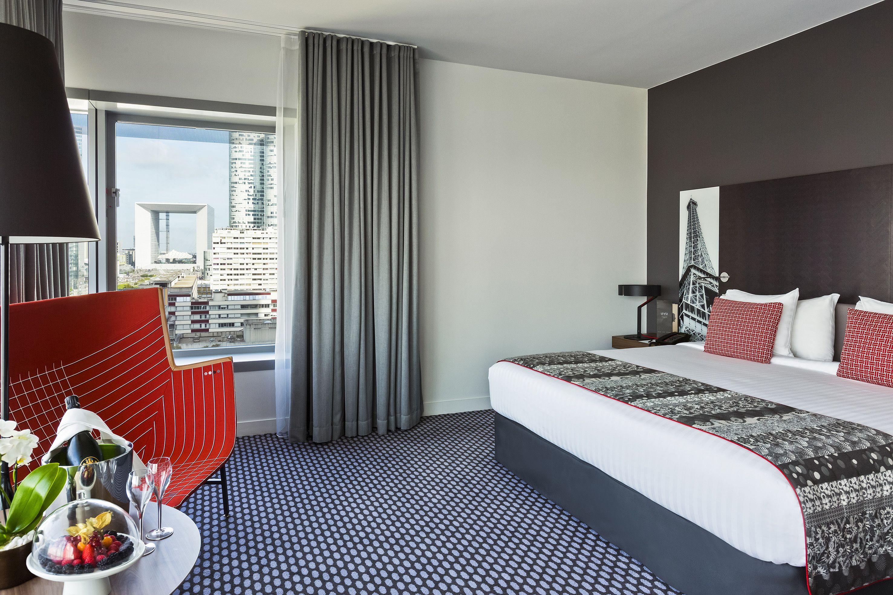 Premium bedding, desk, blackout drapes, soundproofing